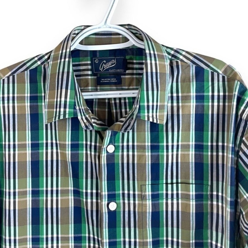 Grayers Button Down Shirt‎ Mens L Green Plaid Long Sleeve Cotton Stretch read